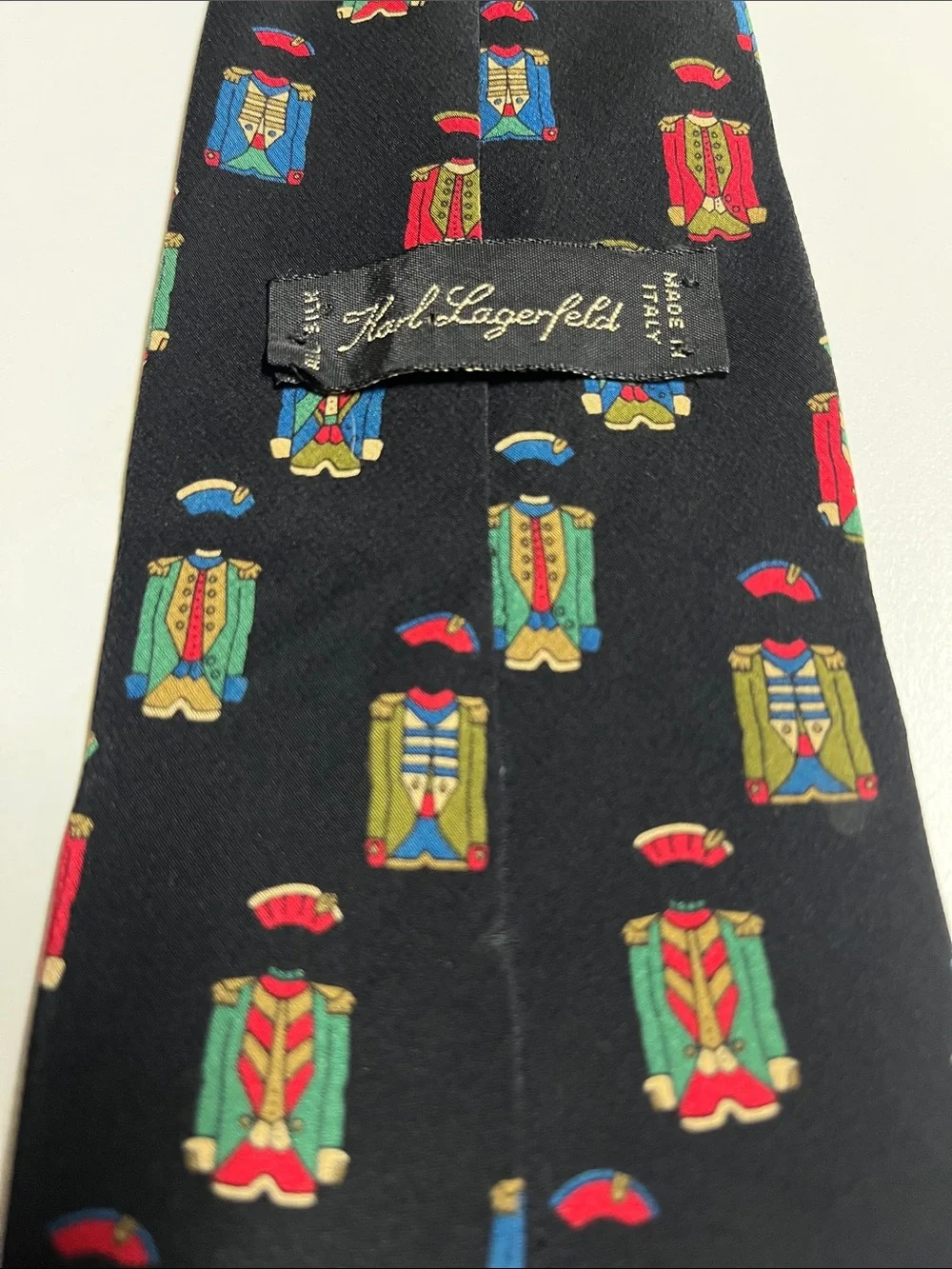 Vintage Karl Lagerfeld silk tie, military uniform toy soldier novelty necktie